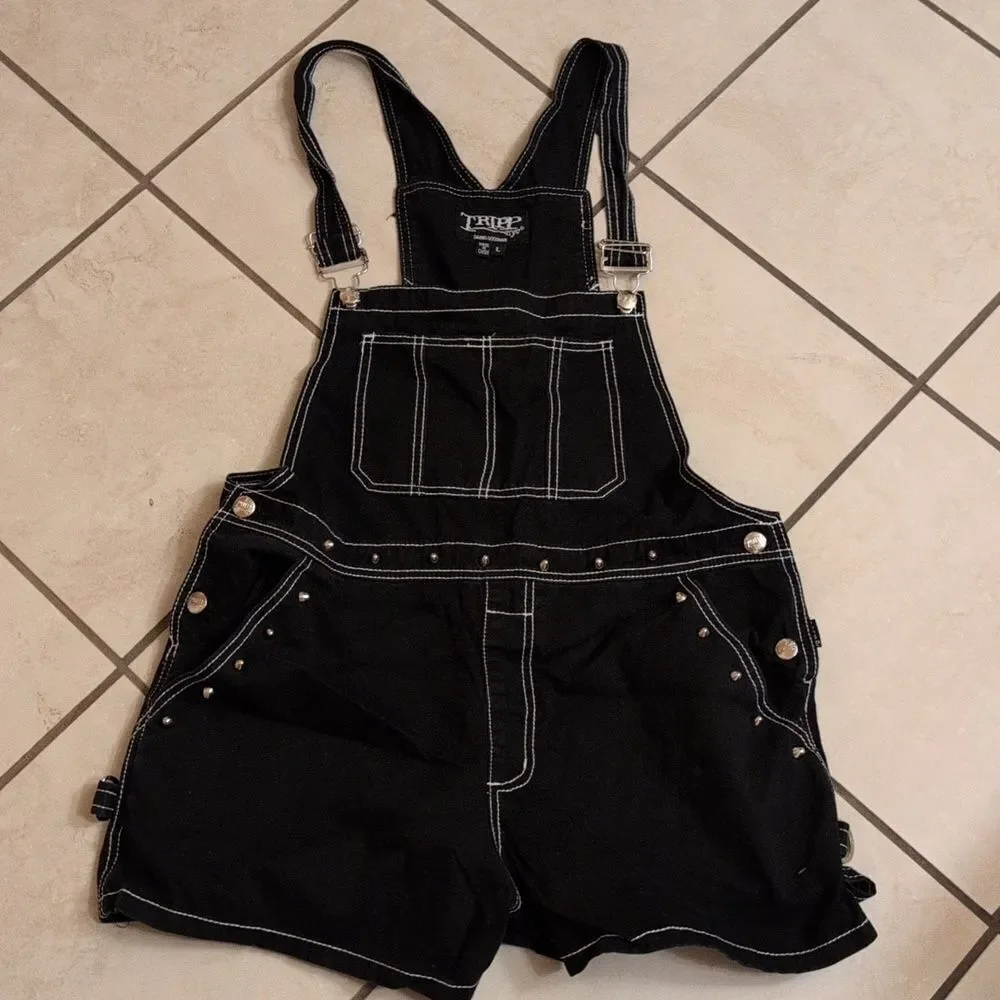 TRIPP NYC Darkstreet Studded Overalls Shorts Black Goth Punk Size L